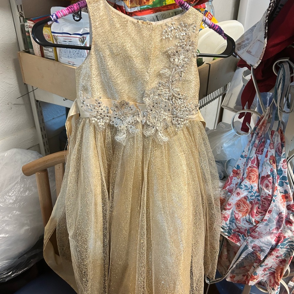 Elegant Gold Sleeveless Dress with Floral Embellishments